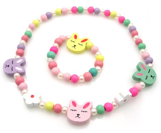 Houten kinderketting en armband voor meisjes met konijntjes, pareltjes en bloemen zachte kleuren multicolor