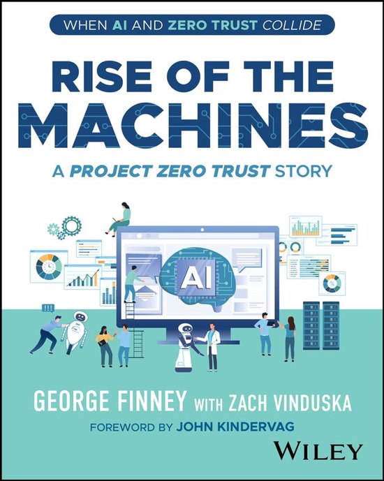 Livre "Rise of the Machines", sur l'IA et Zero Trust. Illustration avec robots et ordinateur.