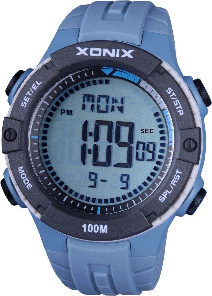 Xonix DAX-B03 - Horloge - Polshorloge - Digitaal - Heren - Mannen - Rond - Siliconen band - LCD - ABS - Cijfers - Achtergrondverlichting - Datumaanduiding - Alarm - Start-Stop - 12-24u - Tweede tijdzone - Waterdicht - LichtBlauw - Zwart