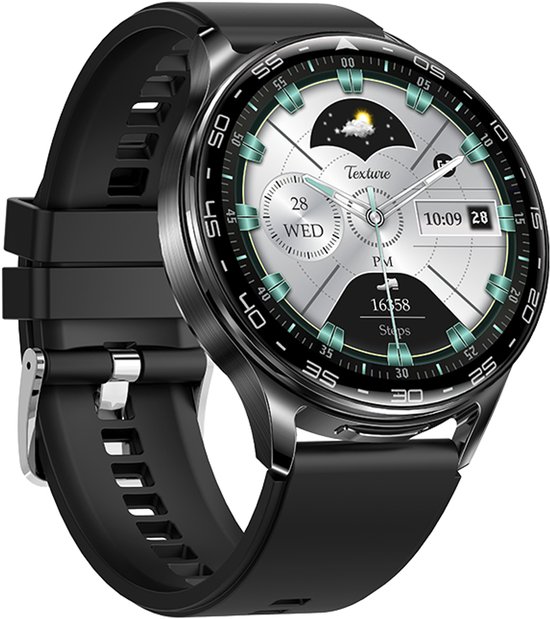 Zwarte smartwatch met metalen band en zilverkleurige wijzerplaat met datum en stappenteller.
