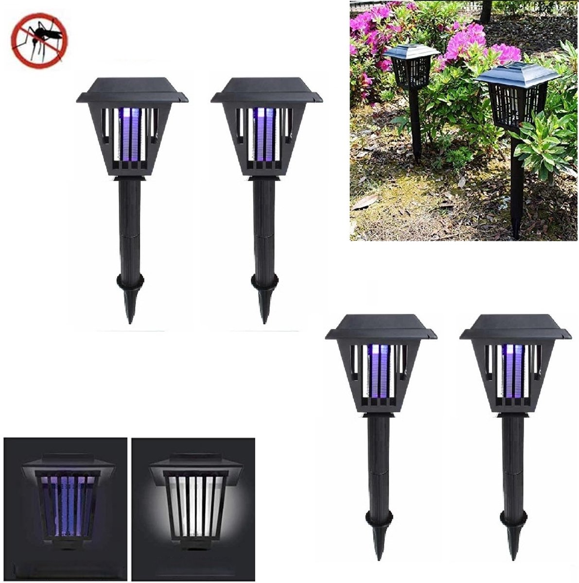 Solar Insectenlampen & tuinverlichting (Set van 4 stuks) - Antimuggen lamp - Solar 2 IN 1 Insectenverdelger & Buitenlamp -insectenlamp voor buiten - solar priklampen & insectlampen- Solar Tuinverlichting en Muggenlamp- Met Automatische Aan/Uit Sensor