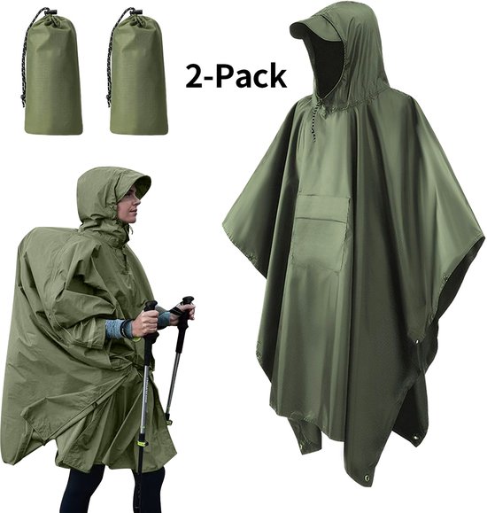 2-Pack - Waterdichte Regenponcho met Opbergtas - Winddicht & Sneldrogend | Unisex Fiets- en Wandelponcho (One Size, Bosgroen)
