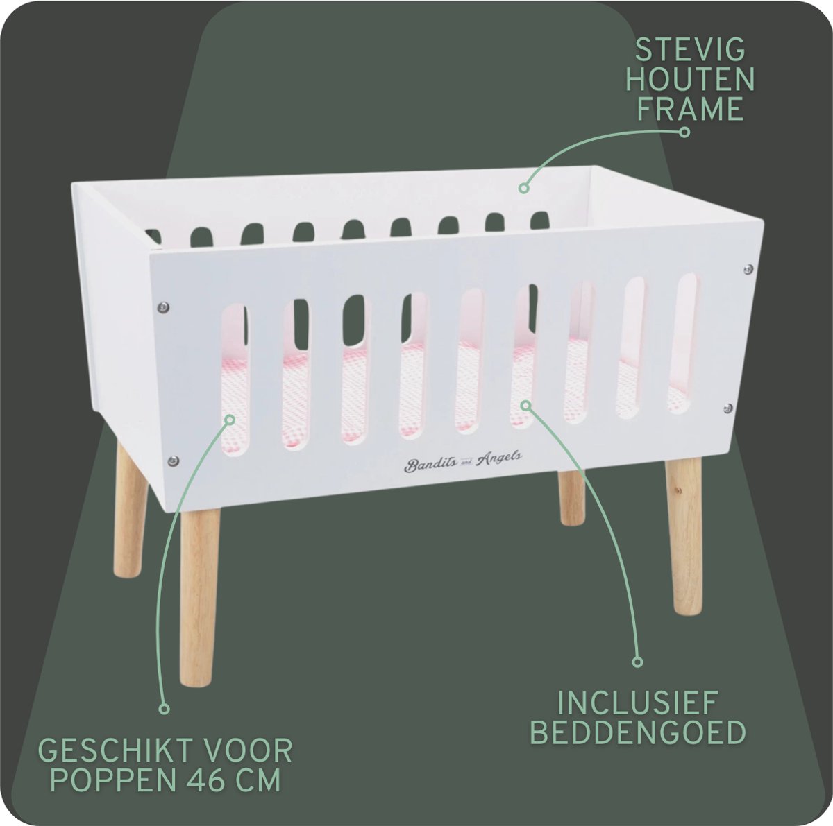 Bandits & Angels Houten Poppenbedje Sweet Dreams Wit - Poppenbed Hout - Geschikt voor Pop tot 46 cm - Inclusief Dekentje - Poppen Bed - Poppen Meubel — afbeelding 13