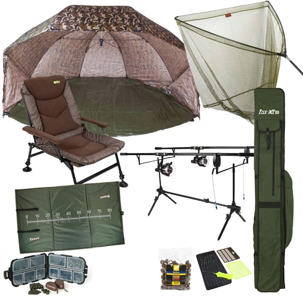 Traxis Karperset - Starter Set - Karpervissen - Hengels - Molens - Visstoel - Schepnet - Onthaakmat - Rodpod - Beetmelders - Shelter