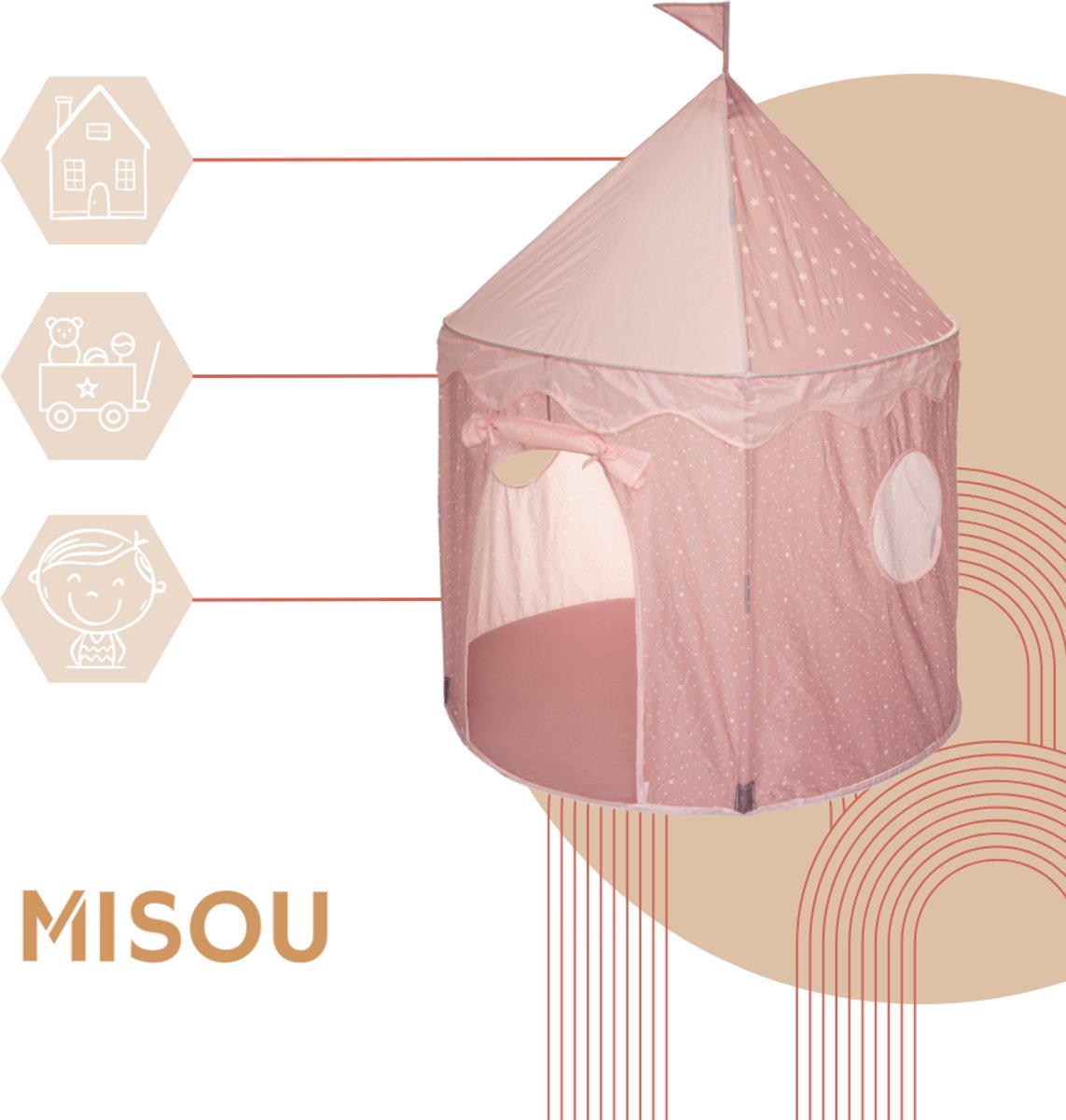 MISOU Pop Up Speeltent voor Kinderen - Kindertent Voor Meisjes - Geschikt voor Binnen & Buiten - 120x120x160cm - Speelhuisje Kind - LILY Roze — afbeelding 4