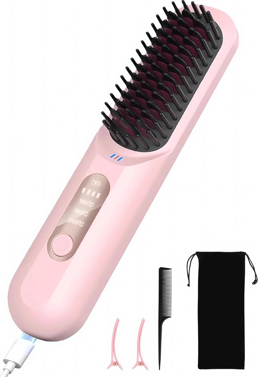 Draadloze stijltang en mini stijlborstel voor onderweg - Oplaadbare haarstraightener met negatieve ionen en thermoborstel - Perfect voor mannen en vrouwen - Roze