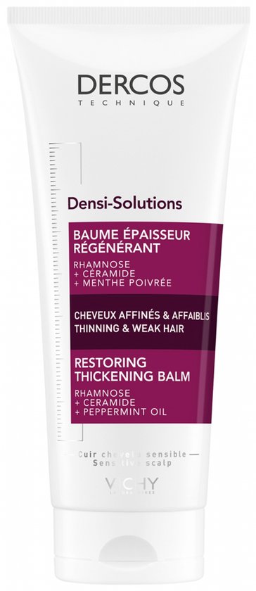 Witte tube met paarse band, Dercos Densi-Solutions Restoring Thickening Balm met tekst.