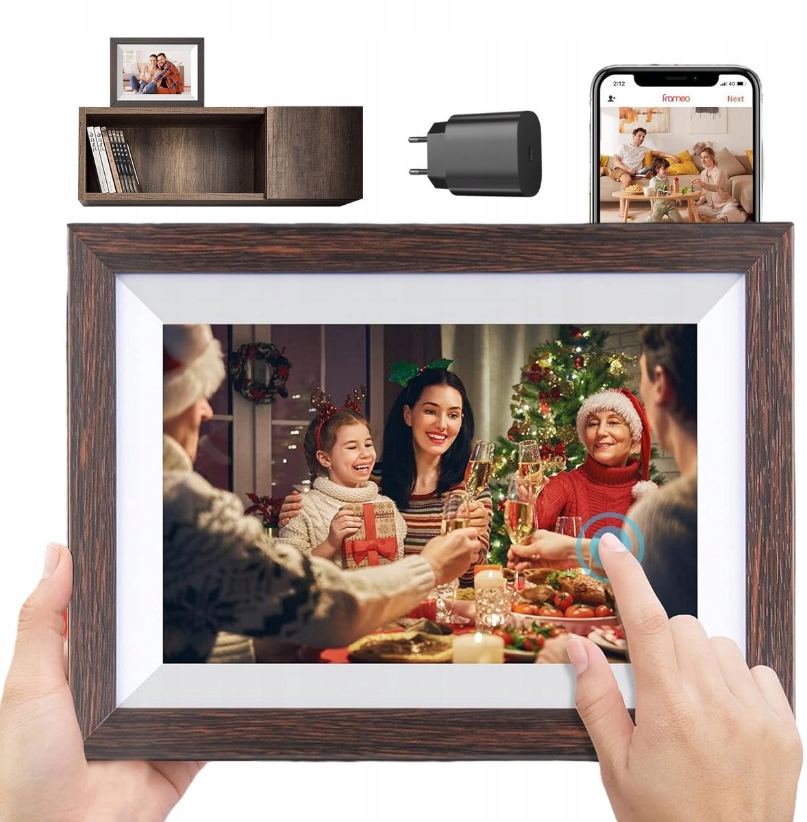 10,1" WiFi Smart Digitaal Fotolijstje - Cloud Fotolijst - HD-scherm met IPS-touchscreen - 16 GB opslagruimte - Automatisch roterend - Bruine houten lijst