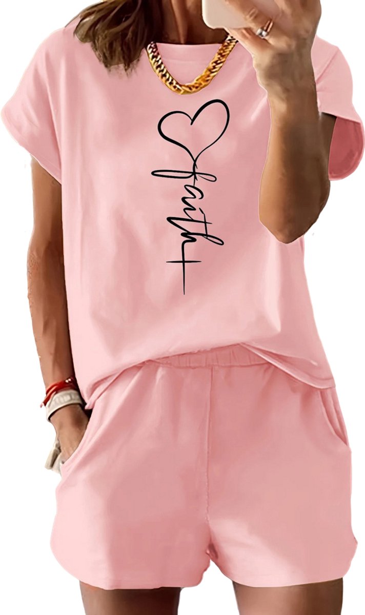 Kledingset Dames Love Faith - Roze - Shirt - korte Broek - Zomer - Travel