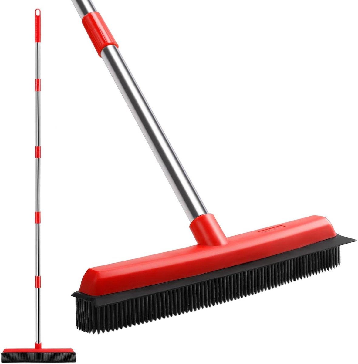 Goedkoopste Rubberen Bezem met Lange Steel (154cm) - Vloerborstel met Rubberen Borstelharen en Waterwisser (34cm) voor het Verwijderen van Katten- en Hondenhaar uit Tapijt - Geschikt voor Binnen en Buiten