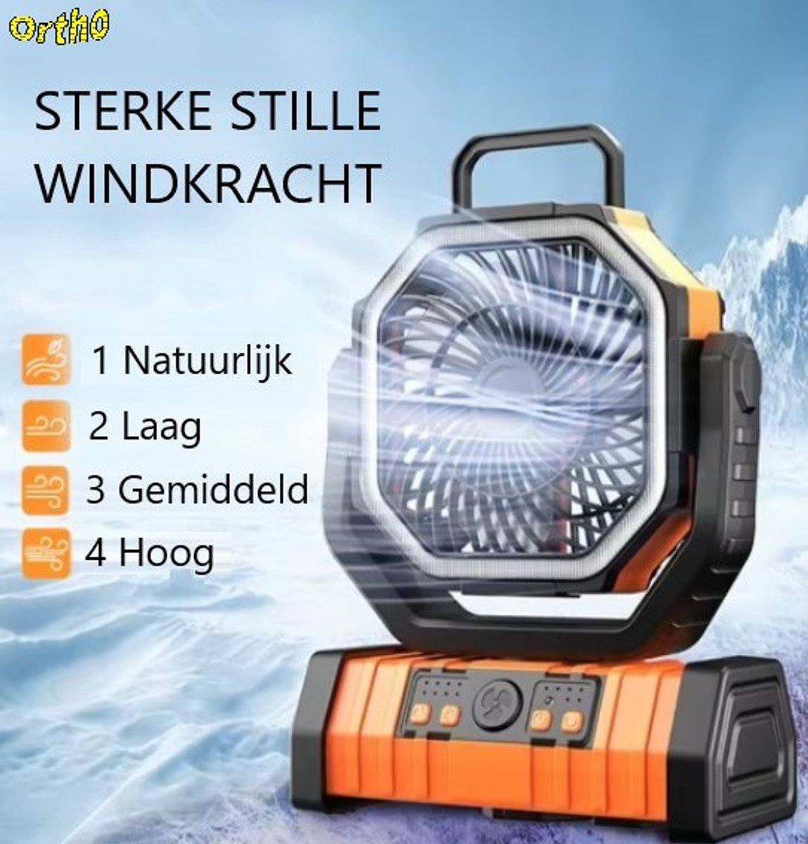 Ortho® - Draagbare ventilator - Grote Batterijcapaciteit - Ventilator staand - Tafel ventilator - Camping ventilator - Ventilator lamp - Draagbaar - Met afstandsbediening - Oranje thumbnail 5