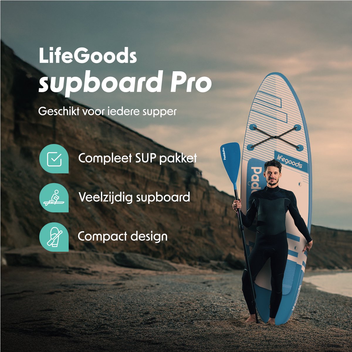 LifeGoods PaddlePro SUP Board Pro - Pro Set - Met Zitje - Opblaasbaar Paddle Board - Max. 150KG - 320x81cm - Sky Blue – foto 2