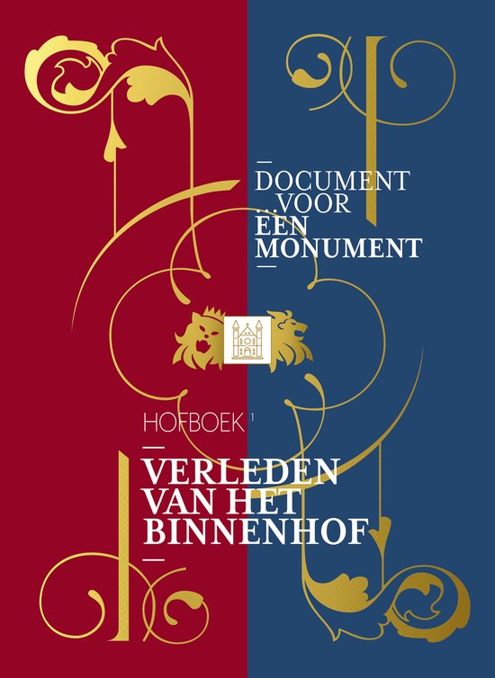Boekomslag met rode en blauwe zijden, gouden versieringen en tekst 'Document voor een Monument'.