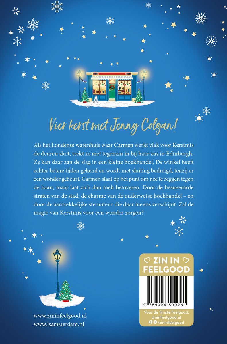 Achterkant boek met tekst en afbeelding van een kerstboekwinkel en kerstboom.