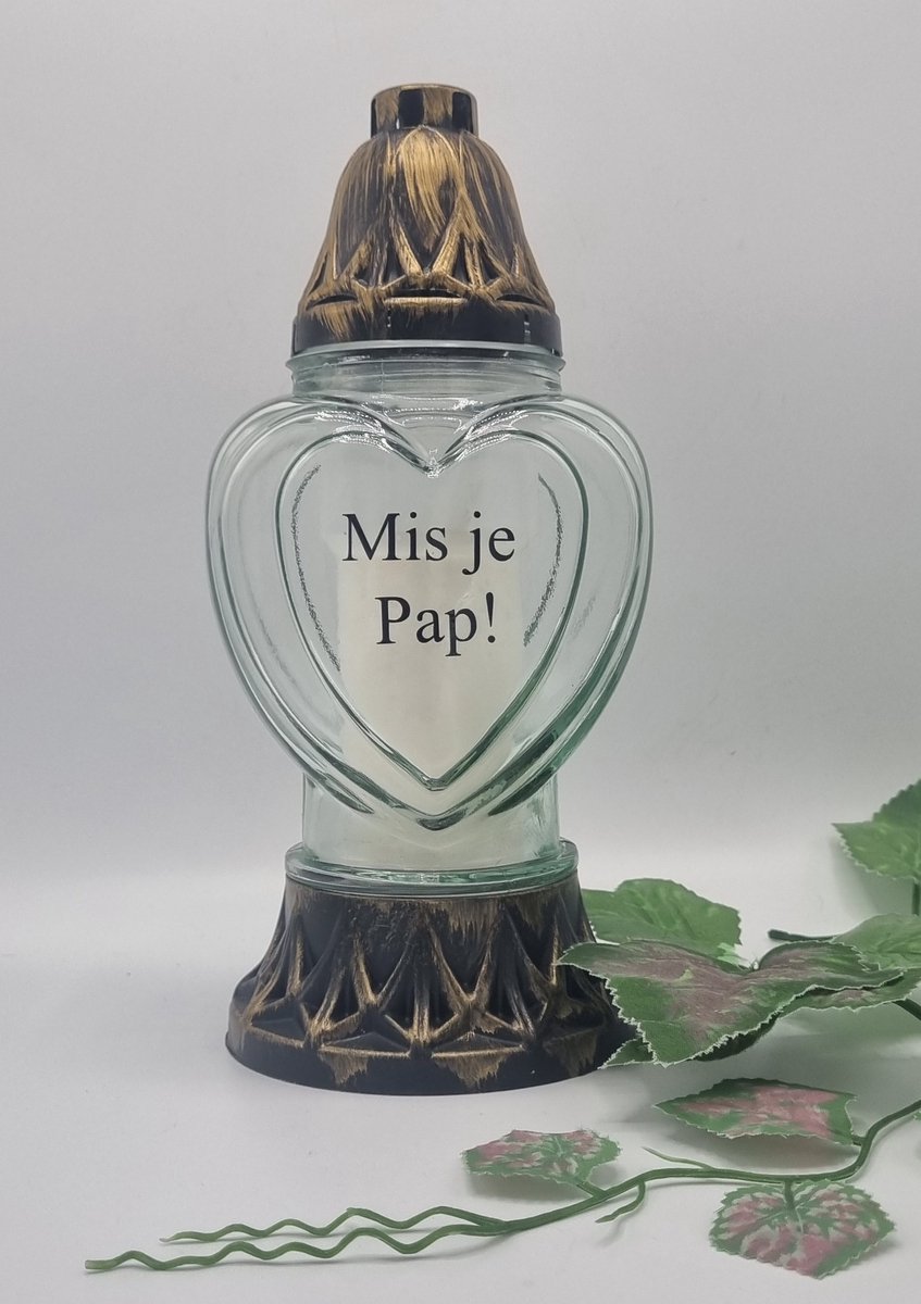 Herdenkingslicht - Mis je Pap! - P39a - Goud - Transparant glas - Grafkaars - Graflicht - Graflantaarn - Windlicht