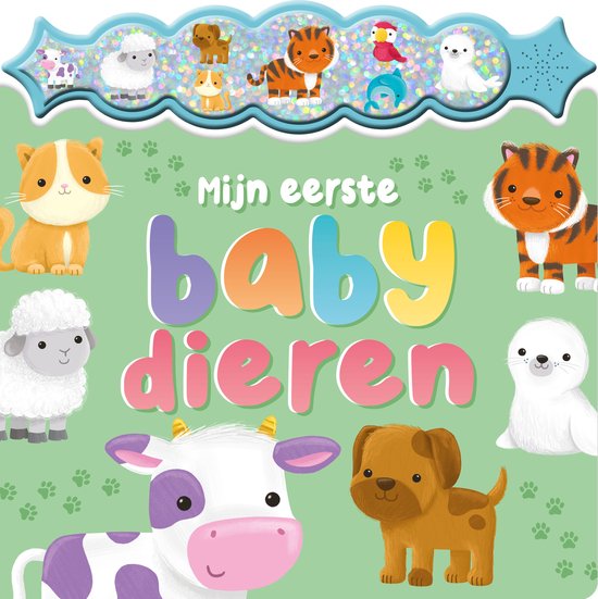 Een boek met de titel 'Mijn eerste babydieren', met illustraties van een kitten, tijger, papegaai, zeehond, dolfijn, schaap, koe en puppy.