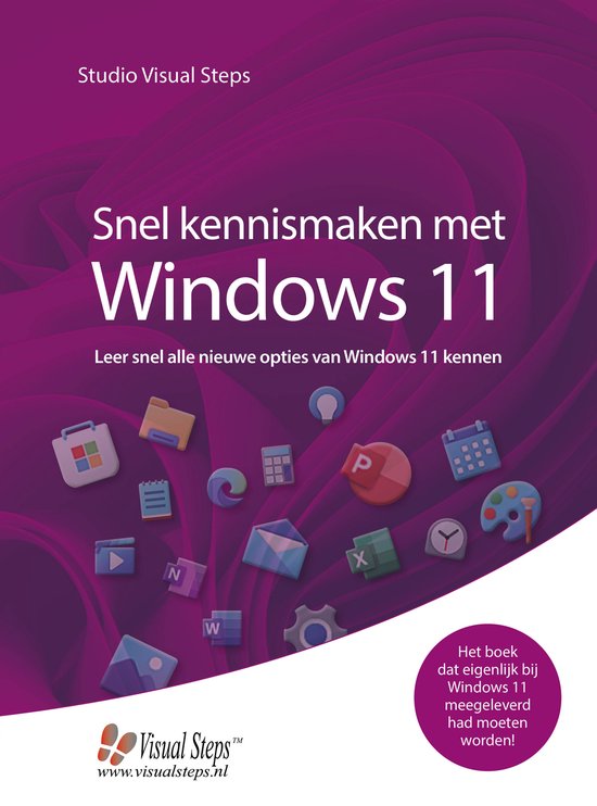 Boek "Snel kennismaken met Windows 11", met op de voorkant veel verschillende Windows iconen op een paarse achtergrond.