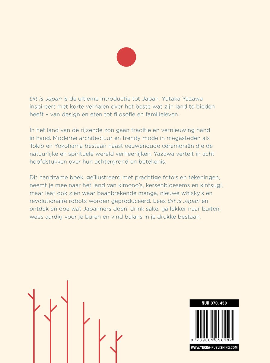 Boek met rode cirkel op bovenkant. Tekst 'Dit is Japan' in het midden. Onderkant met rode takken en Japanse karakters.