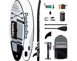 LifeGoods PaddlePro SUP Board Pro - Pro Set - Opblaasbaar Paddle Board - Max. 150KG - 320x81cm - Zwart/Wit