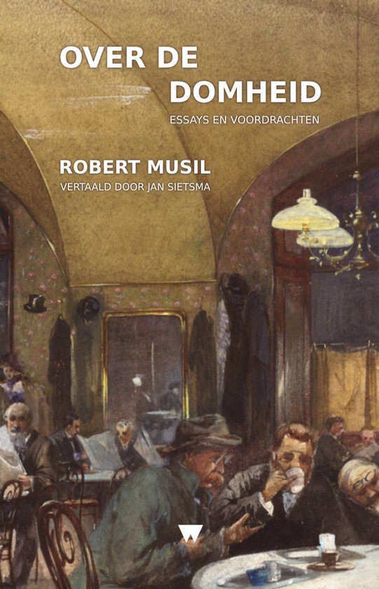 Couverture de livre intitulée 'Over de domheid' avec une peinture de personnes dans un café.