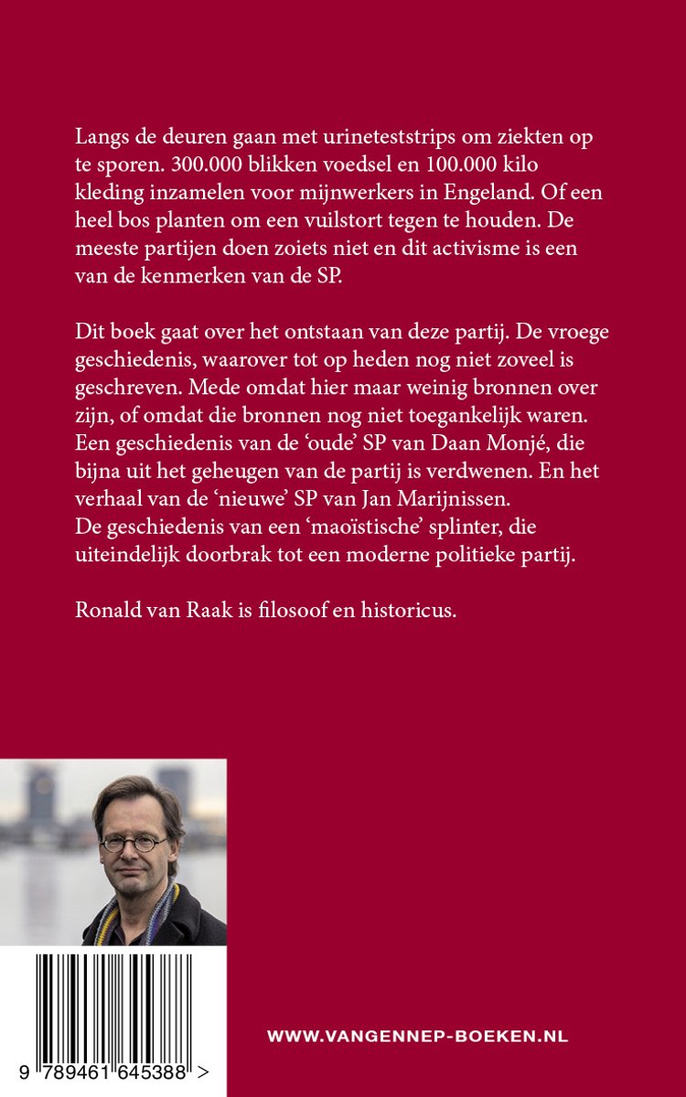 Boekomslag achterkant met tekst en een portretfoto van Ronald van Raak.