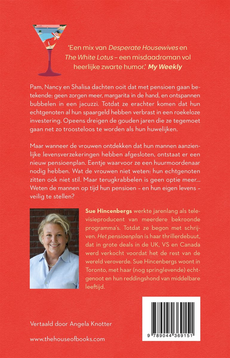 Boekcover met tekst 'Een mix van Desperate Housewives en The White Lotus' en een illustratie van een cocktailglas met een vrouw op een ligstoel.