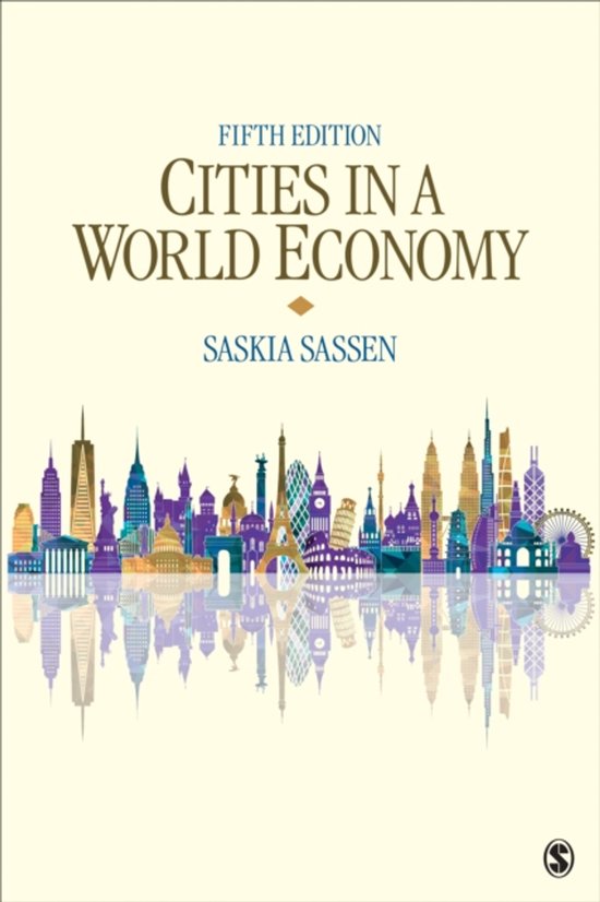 Couverture du livre 'Cities in a World Economy', cinquième édition, avec une ligne d'horizon de diverses villes mondiales et leur reflet.