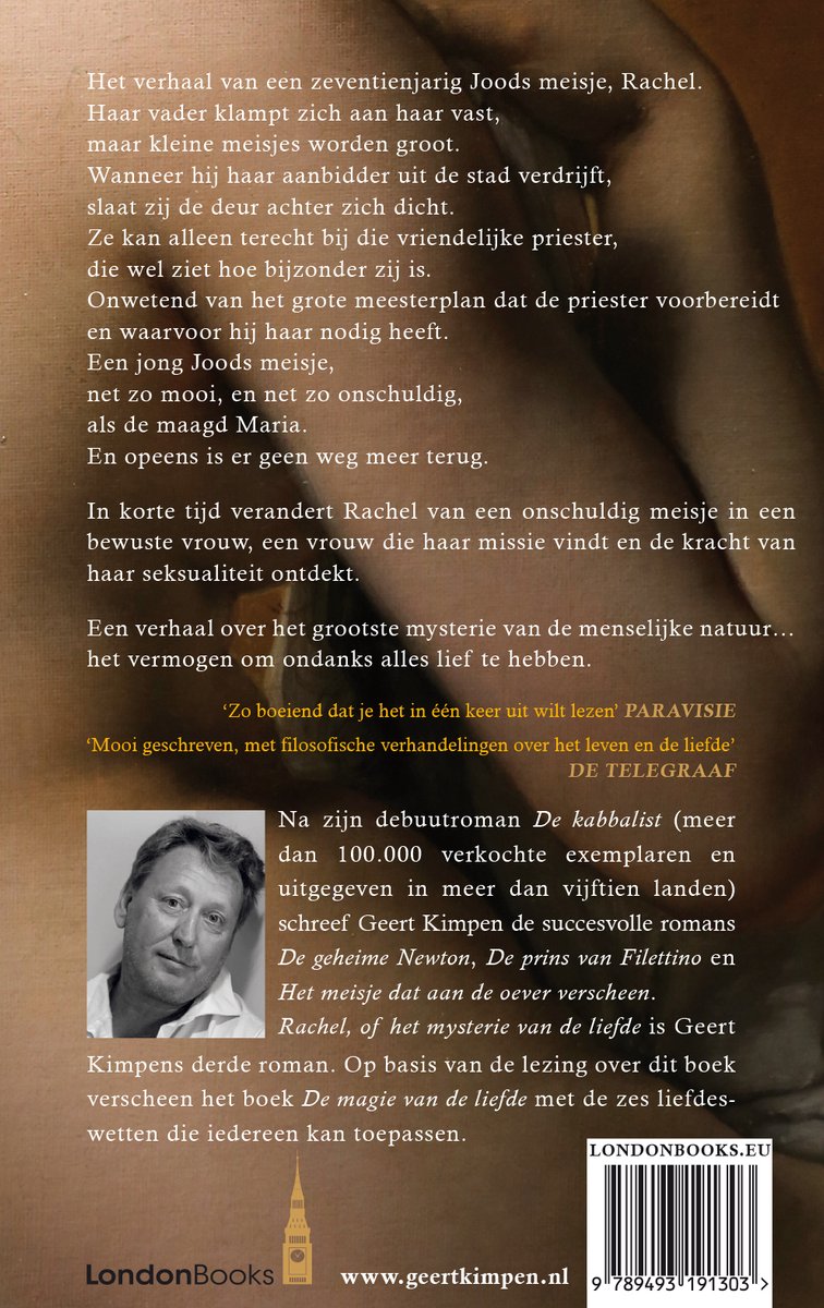 Boekomslag van 'Rachel of het mysterie van de liefde' met een portret van de auteur Geert Kimpen.