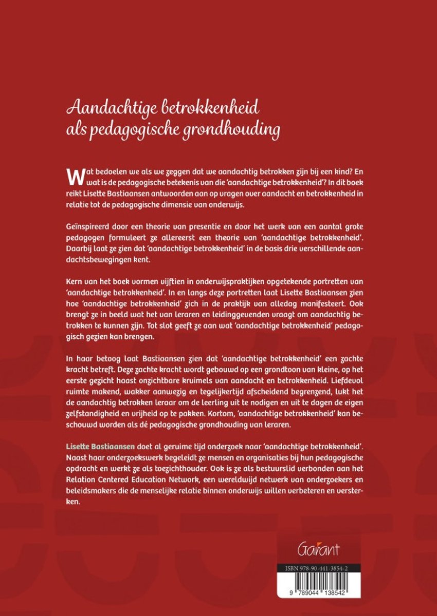 Achterkant van het boek 'Aandachtige betrokkenheid als pedagogische grondhouding' met tekst en ISBN.
