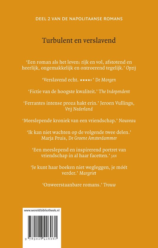 Boekcover met tekst over de Napolitaanse romans. Turbulent en verslavend. Wereldbibliotheek.nl