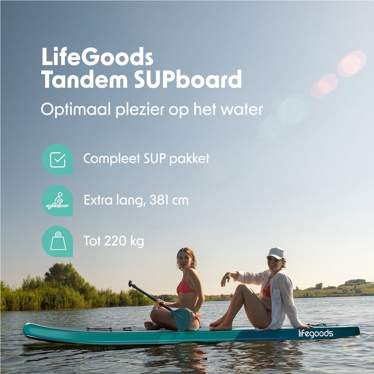 LifeGoods SUP Board Tandem - 2 Personen - 220 KG Draagkracht - 381 x 86 cm - Opblaasbaar - Compleet Sup pakket - Deep Aqua – foto 2