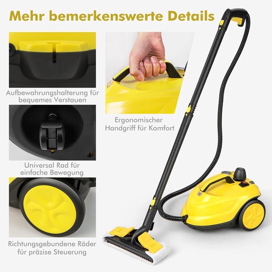 COSTWAY Stoomreiniger, 2000 W, reinigingsmachine 1,8 l watercapaciteit en 13 accessoires, vloerstomer voor tapijten, ramen, glas en gordijnen, geel van Merkloos	 — afbeelding 3