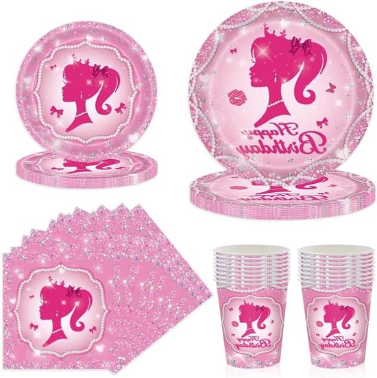 Feestservies Barbie prinses - 68 delig roze servies set voor kinderverjaardag met bord, servet en beker