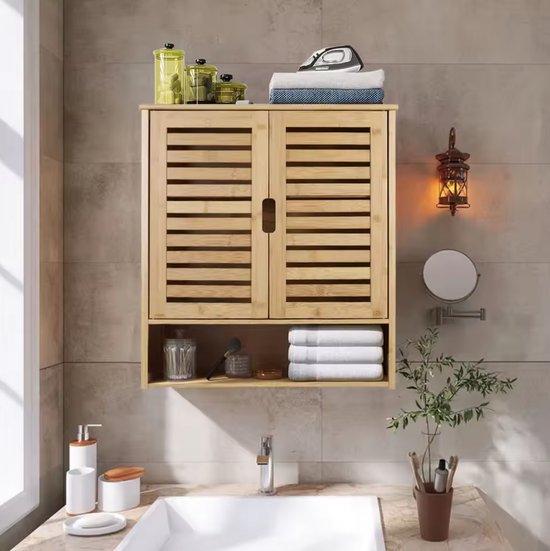 Varnox badkamerkast - Wandkast - Opbergkast - Kast - Muurkast - Dubbele deur - Medicijnkast - Verstelbare planken - Badkamer meubel - Bamboe - Hout -