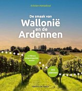 Boek 'De smaak van Wallonië en de Ardennen' met wijngaard en glooiend landschap, met tekstballonnen '2.700 km uitgestippelde routes' en '365 plekken'.