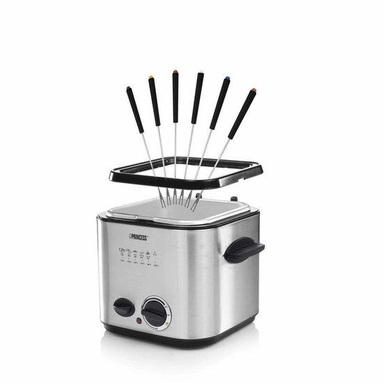 RVS fonduepan met zes fonduevorken met gekleurde uiteinden.