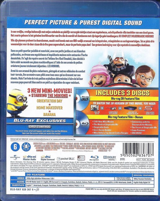 Blu-ray hoes Despicable Me 3 discs. Inclusief 3 mini-movies: Orientation Day, Home Makeover, Banana. Met de Minions en Gru.