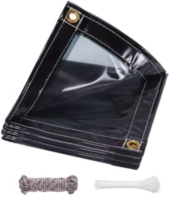 Een opgevouwen, donkergrijs, semi-transparant PVC zeil met metalen oogjes, samen met een touw en kabelbinders.