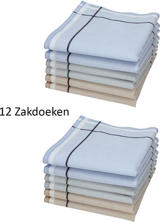 Twee stapels lichtblauwe, grijze en beige zakdoeken. Tekst "12 Zakdoeken".