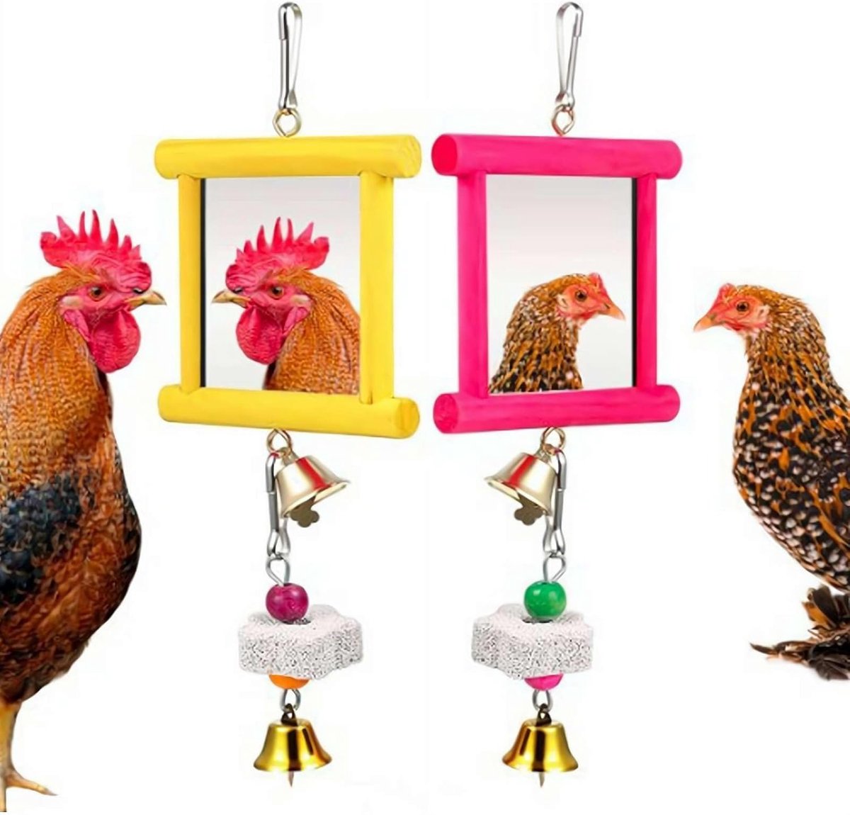 2-pack hangende spiegel in de vorm van een kip met bel en kiessteen, interactieve spiegel voor papegaaien, kippen en hanen (rood + geel)