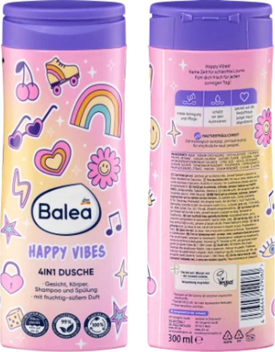 Kinder Douchegel Happy Vibes 4-in-1 300ml | Balea Kinder Douchegel | 1x 300 ml | Fruitige 4-in-1 Douchegel - Shampoo & Conditioner - Lichaam en Gezicht