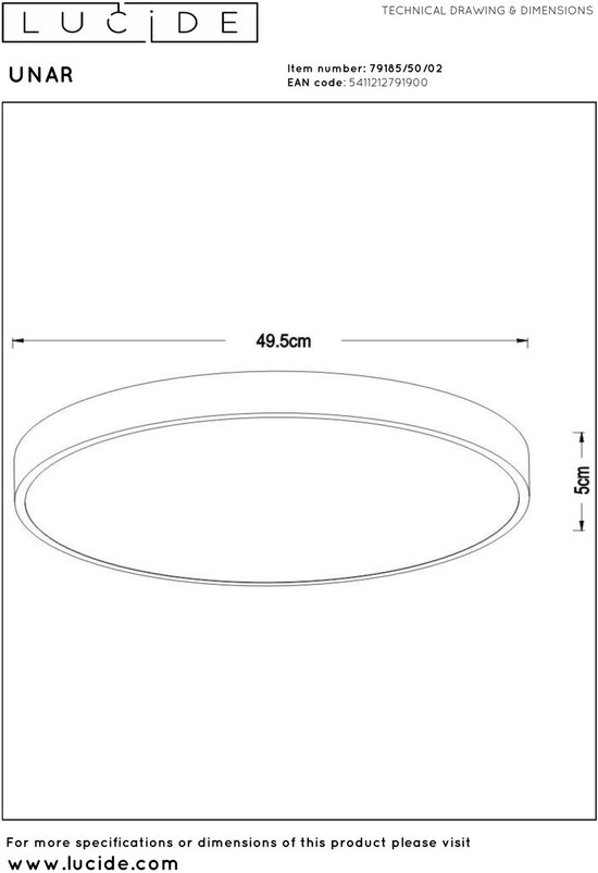 Technische tekening van een ronde gouden plafondlamp met afmetingen: 49.5cm breed en 5cm hoog.