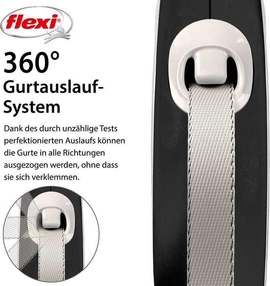 Laisse enrouleur Flexi New Comfort avec système de sortie de sangle à 360°. Noir et gris.
