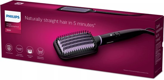 Philips Stijlborstel 5000 verpakking met afbeelding van de zwarte en paarse stijlborstel.