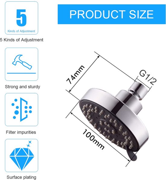 WANTOUTH Douchekop, 10 cm diameter, 5 straalsoorten, waterbesparende G1/2 schroefdraad, regendouche, douchekop, 360 graden draaibaar, zilver, rond, voor zonnedouche, badkamer