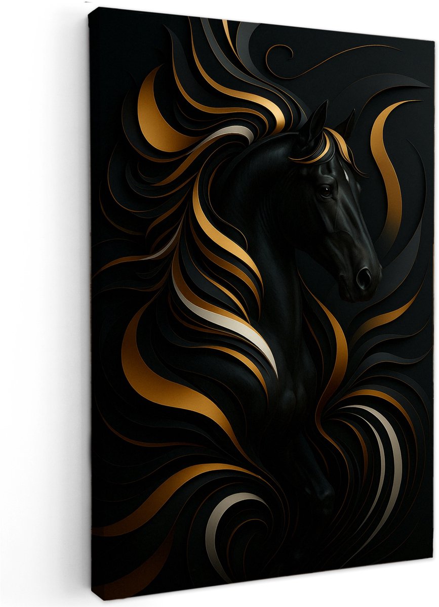 Canvas schilderij - Black & Gold Horse - 120x80 cm - Abstracte kunst - Huis decoratie woonkamer - Keuken muur schilderijen - Wanddecoratie accessoires - Kamer interieur natuur