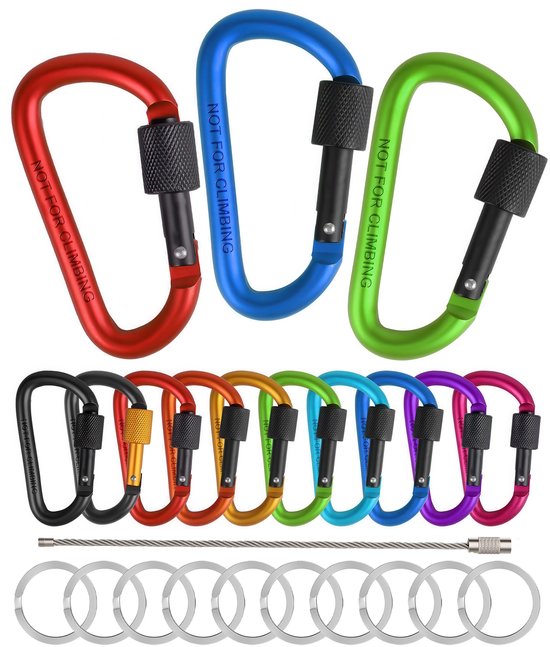 9 Stuks 78mm Karabijnhaken met Schroefsluiting & Sleutelringen - Multikleur Musketonhaak - Musketon D-vorm Carabiner met Staaldraad - Grote Karabijn haak - Karabijnsluitingen en ringetjes - Aluminium Carabijnhaak - Carabijn Sleutelhangers
