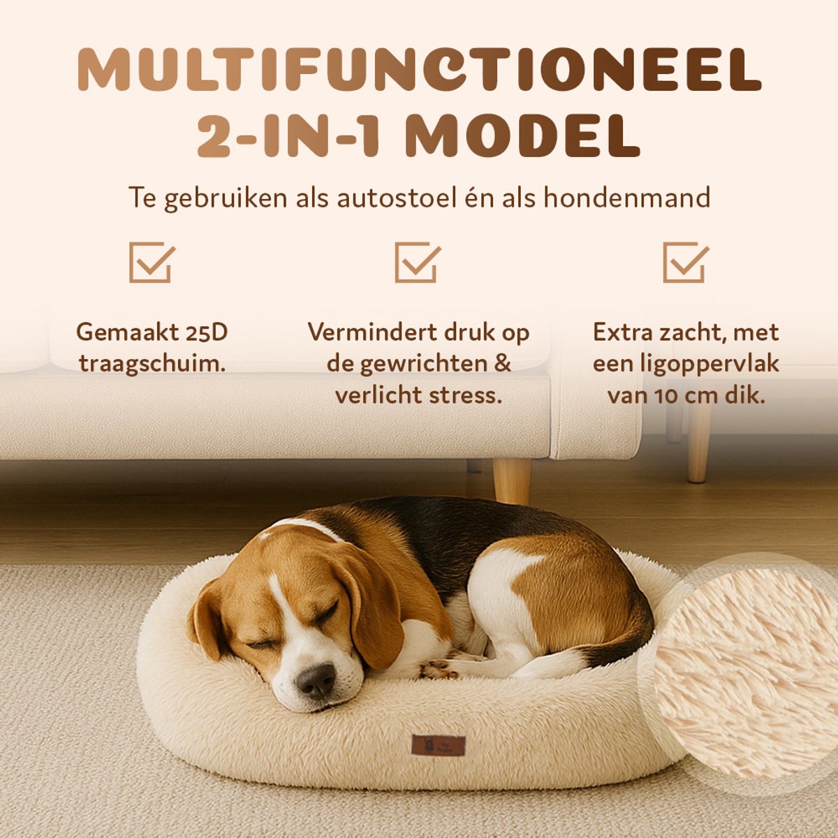 Pet Perfect Fluffy Autostoel Hond – Hondenmand Auto – Honden Autostoel - Automand Hond - Wasbaar – Beige - 2-in-1 - Medium thumbnail 3