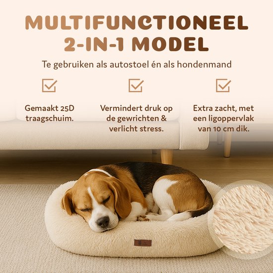 Siège auto moelleux Pet Perfect pour chien - Panier de voiture avec sangles de sécurité - Panier 2 en 1 pour chien - Orthopédique - Antidérapant - Taille M - Beige
