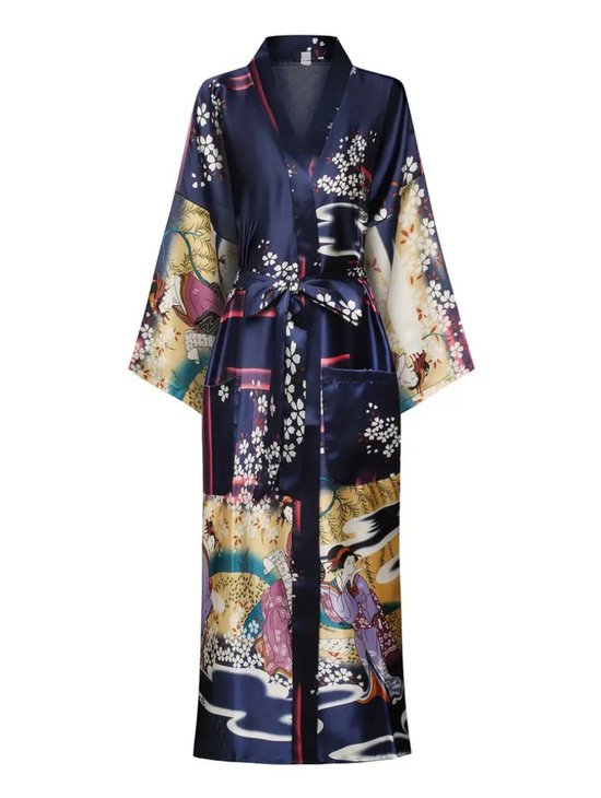 Livano Badjas Dames - Kimono - Kamerjas - Ochtendjas - Pyama - Donkerblauw - XXL